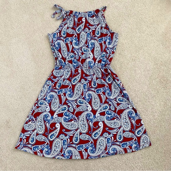 Banana Republic Paisley Medium Dress Red White Blue Stretch Summer Dress - Picture 2 of 15